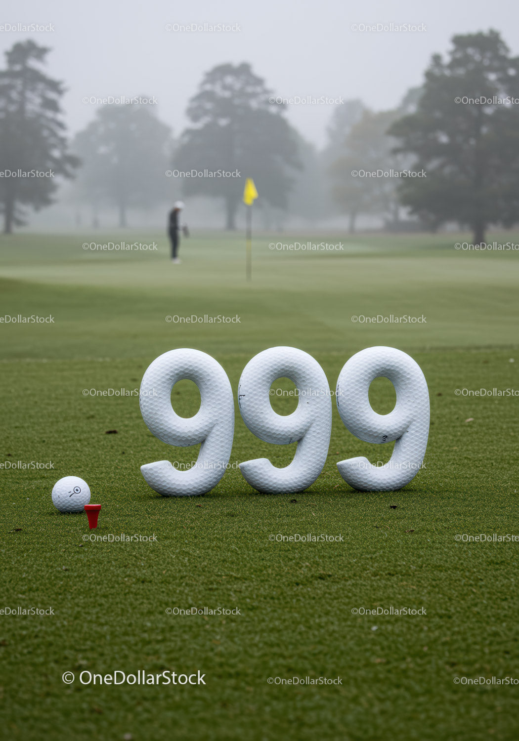 Golf course with 999 water hazard golf balls on tee