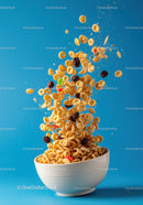Crunchy cereal flakes and dried fruits flying from bowl