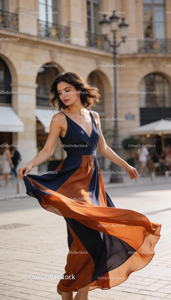 Woman spinning in elegant flowing colorblock dress outdoors