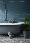 Gray clawfoot bathtub with contemporary blue tiles