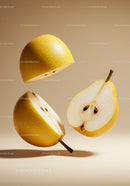 Fresh Asian pear halves floating over beige background