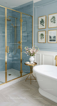 Elegant bathroom with gold accents and floral decor