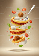 Floating Italian Pasta with Meatballs and Fresh Ingredients