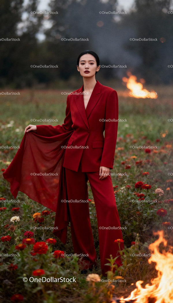 Elegancka kobieta w czerwonym garniturze stoi na łące pełnej dzikich kwiatów