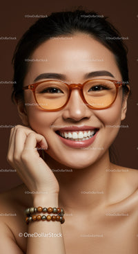Smiling young woman with stylish orange glasses
