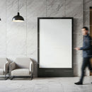 Modern lobby with blank vertical poster and seating area