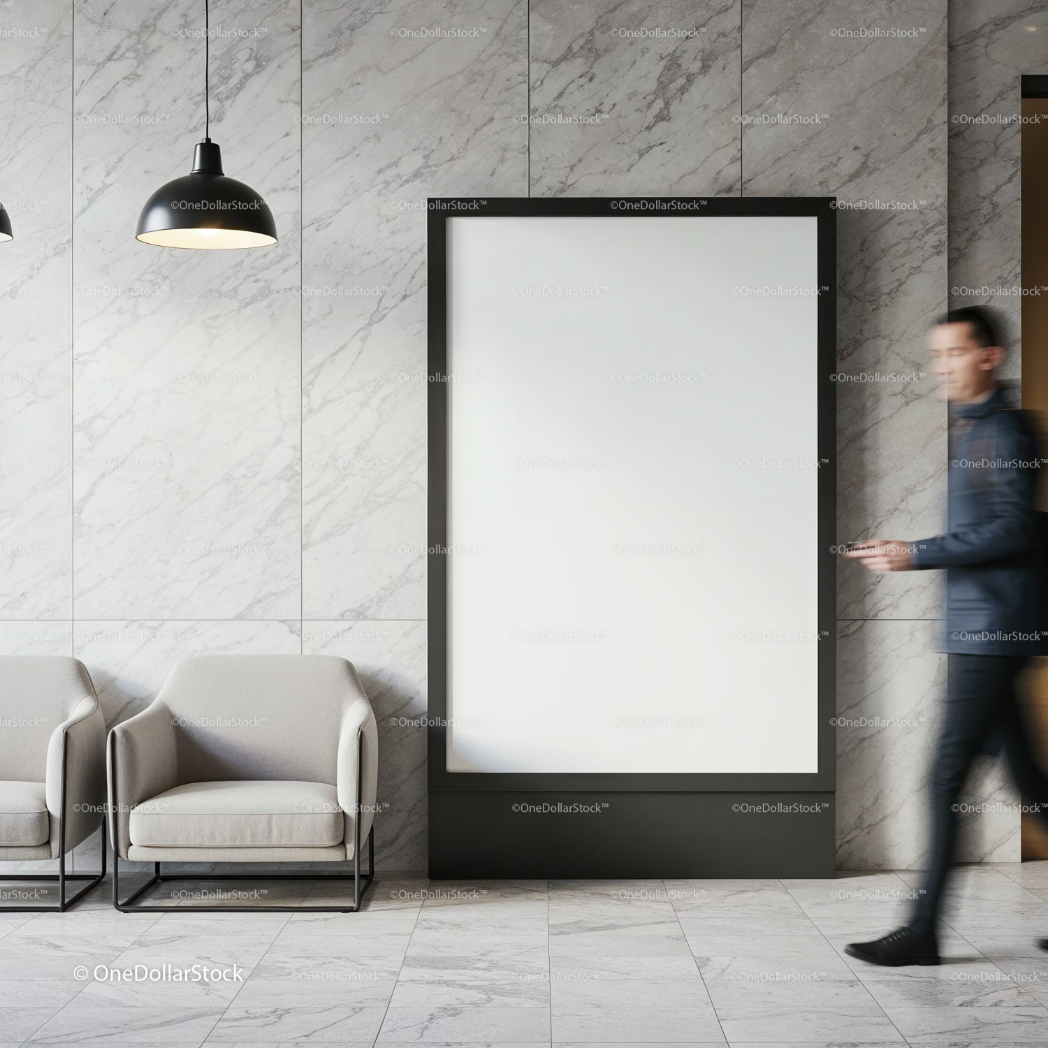 Modern lobby with blank vertical poster and seating area