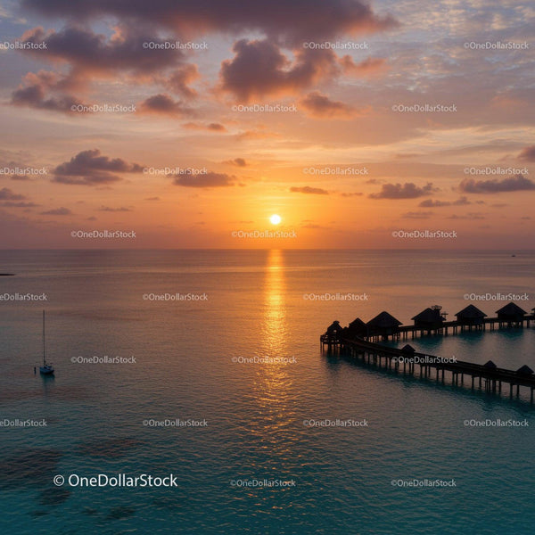 Beautiful Sunset Over Calm Ocean with Overwater Bavilions