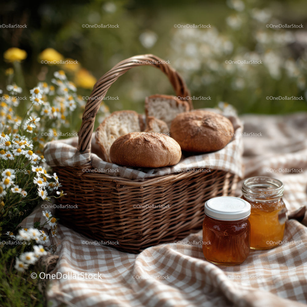Basket of Fresh Bread Rolls with Jams on Rustic Picnic Outdoors
