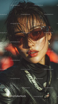 Confident Female Rider in Sunglasses with Motorcycle Gear