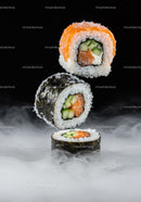 Fresh sushi rolls levitating over smoky surface