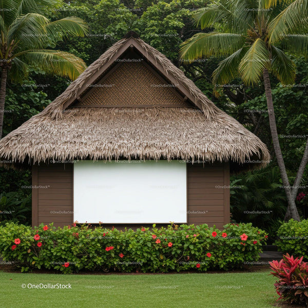 Tropical hut with thatched roof surrounded by lush greenery JPG Mockup Image
