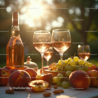 Sunlit Rosé Wine with Fresh Fruits on Outdoor Table