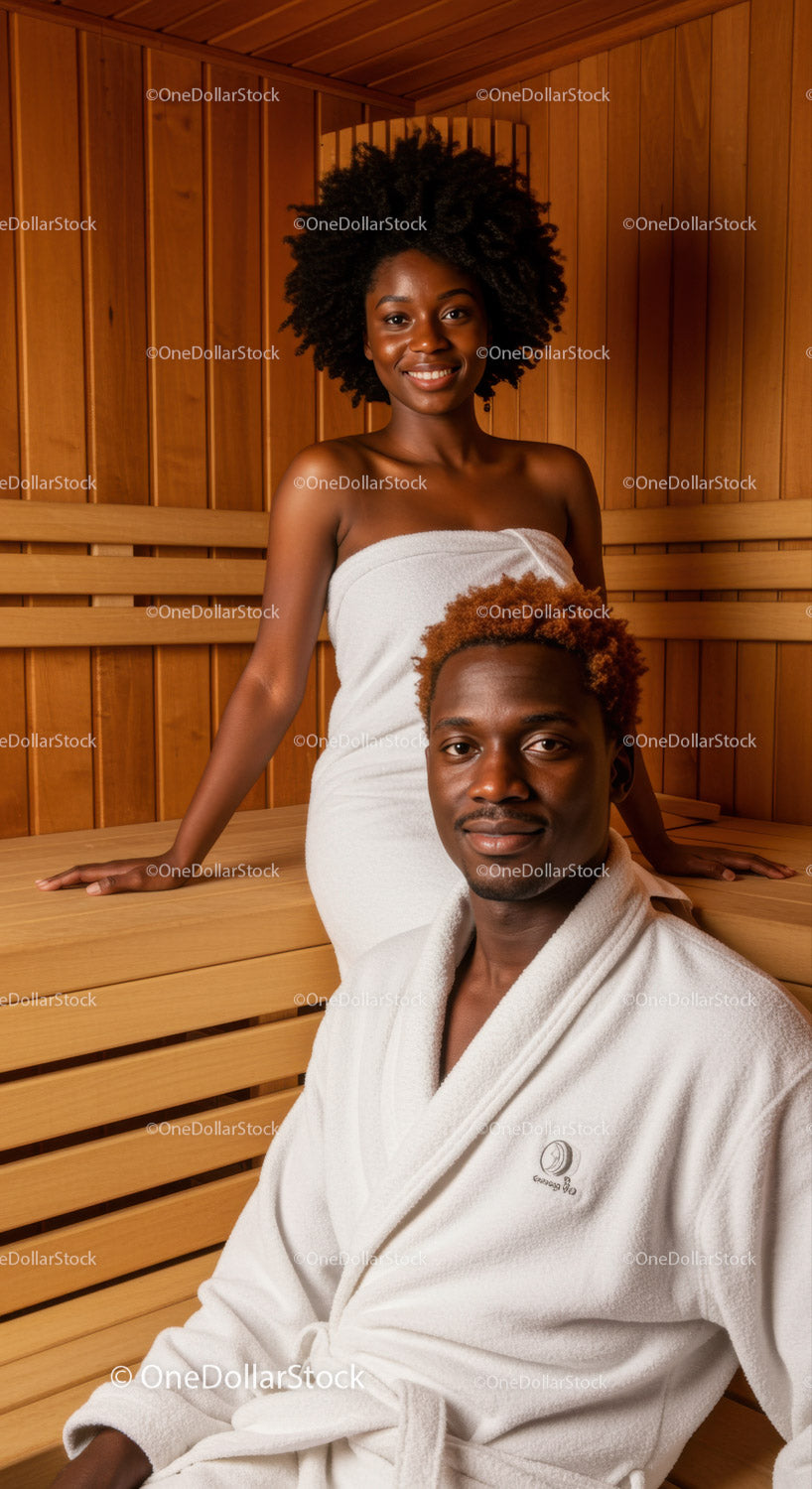 Afroamerykańska para cieszy się relaksującą sesją w saunie w drewnianym pokoju spa