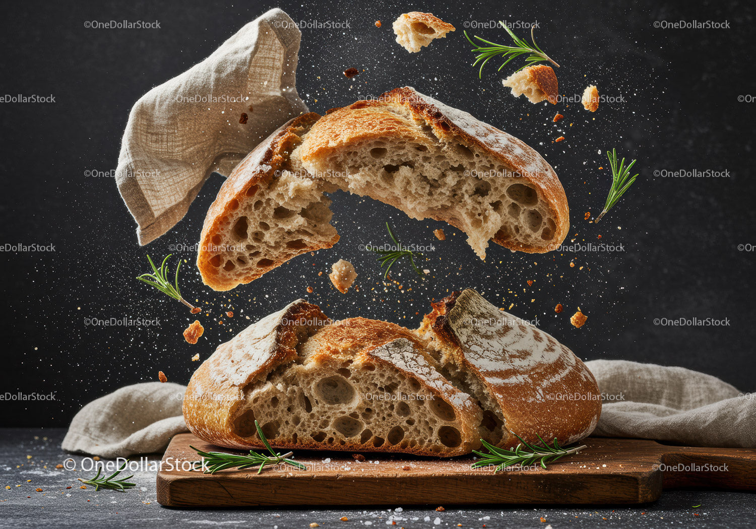 Rustic sourdough bread breaking apart with herbs