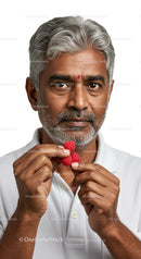 Elderly Man with Gray Hair Holding Raspberries in Close-Up