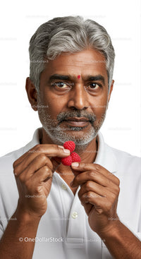 Elderly Man with Gray Hair Holding Raspberries in Close-Up