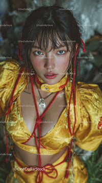 Vibrant Young Woman in Traditional Yellow Dress with Red Accessories