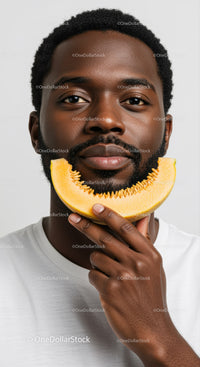 Close-Up of a Man Holding a Slice of Melon with Vibrant Colors