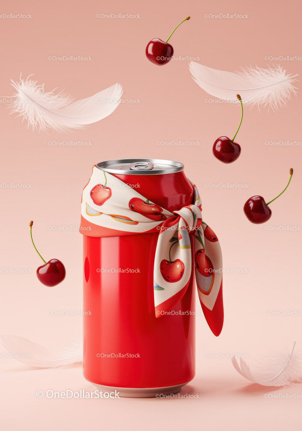 Red soda can with cherry scarf surrounded by feathers