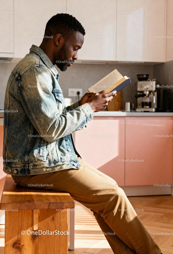 Man reading book calmly in a bright modern kitchen