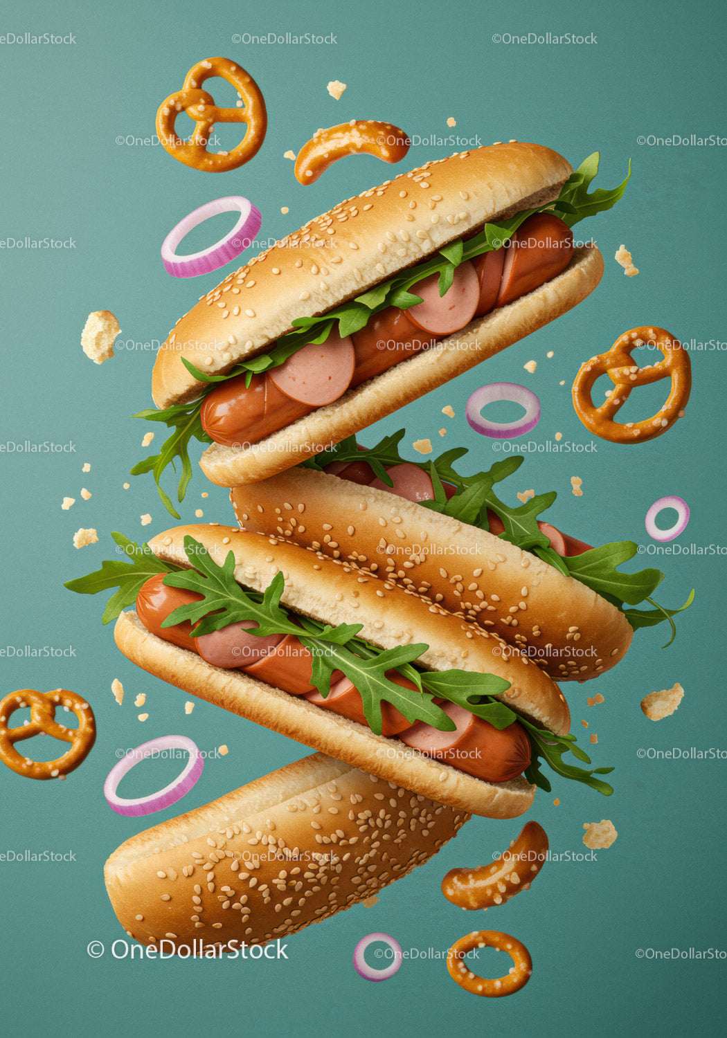 Three Hot Dogs with Fresh Arugula and Pretzels Floating