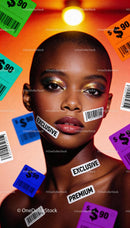 Close-up of woman with vibrant makeup and price tags