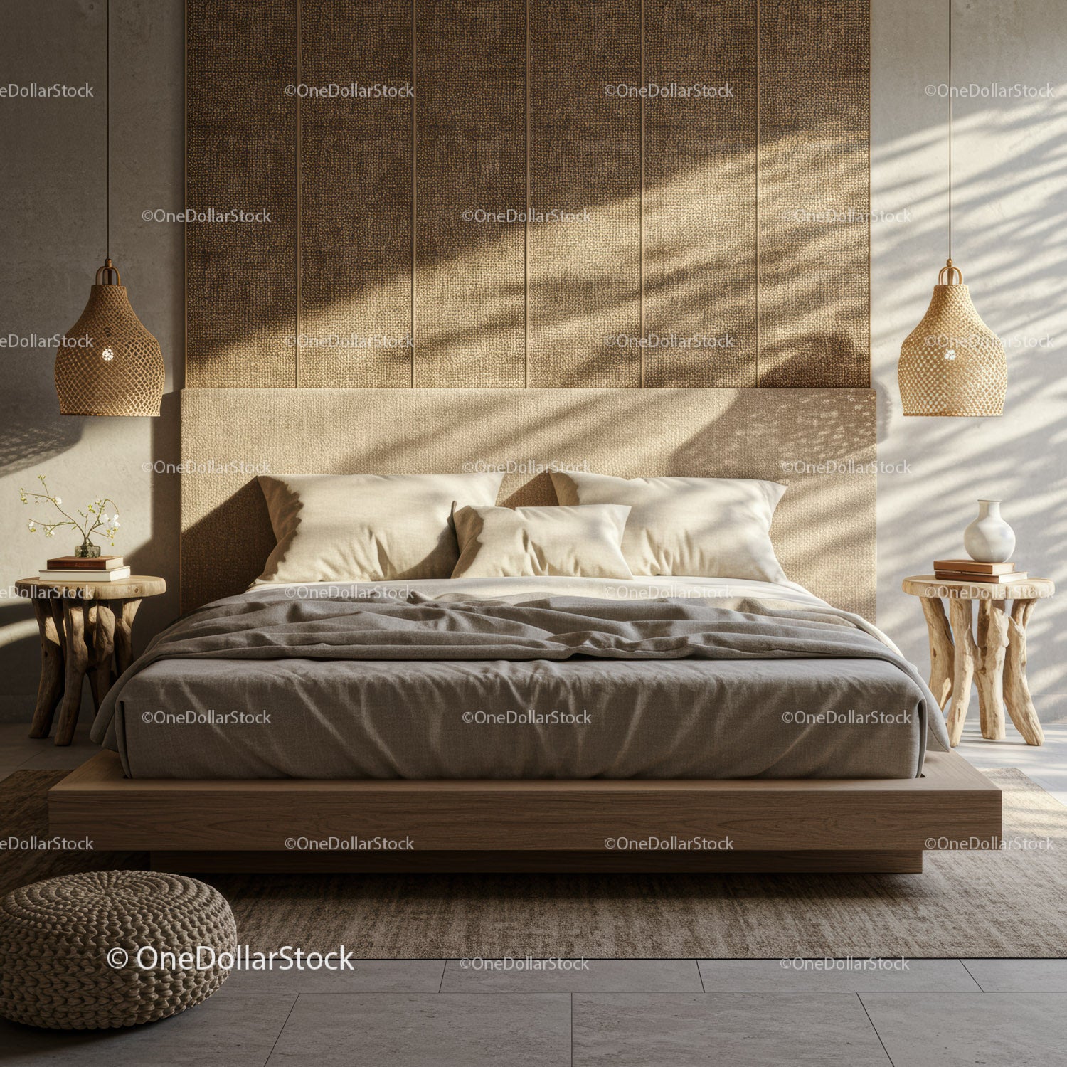 Minimalist bedroom with natural tones and soft sunlight