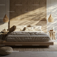 Minimalist bedroom with natural tones and soft sunlight