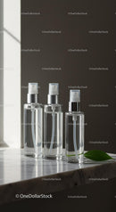Three Clear Spray Bottles on Marble Surface with Leaf