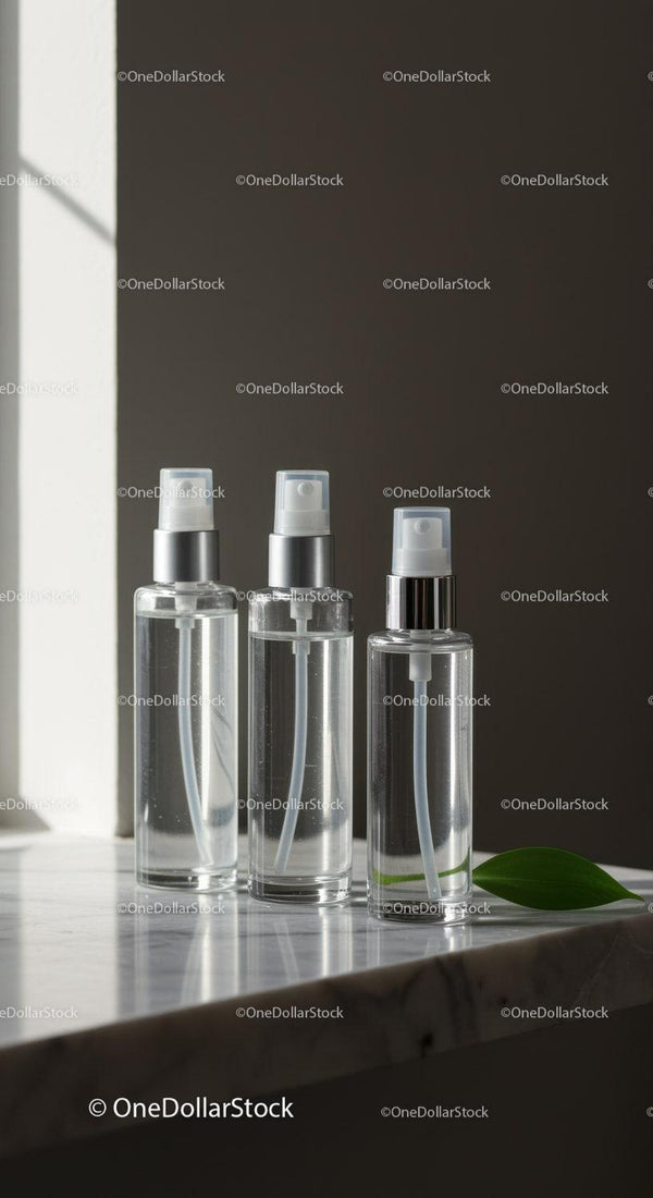 Trzy przezroczyste butelki spray na marmurowej powierzchni z liściem