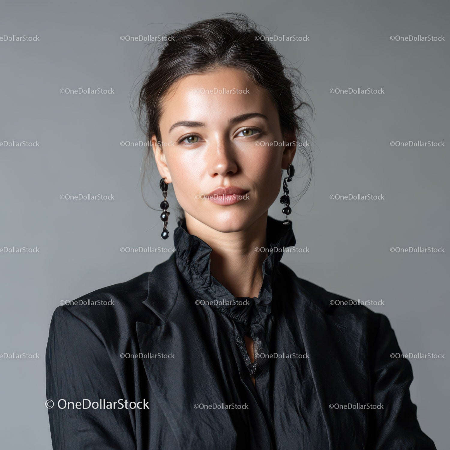 Elegant Woman in Black Shirt and Statement Earrings Portrait