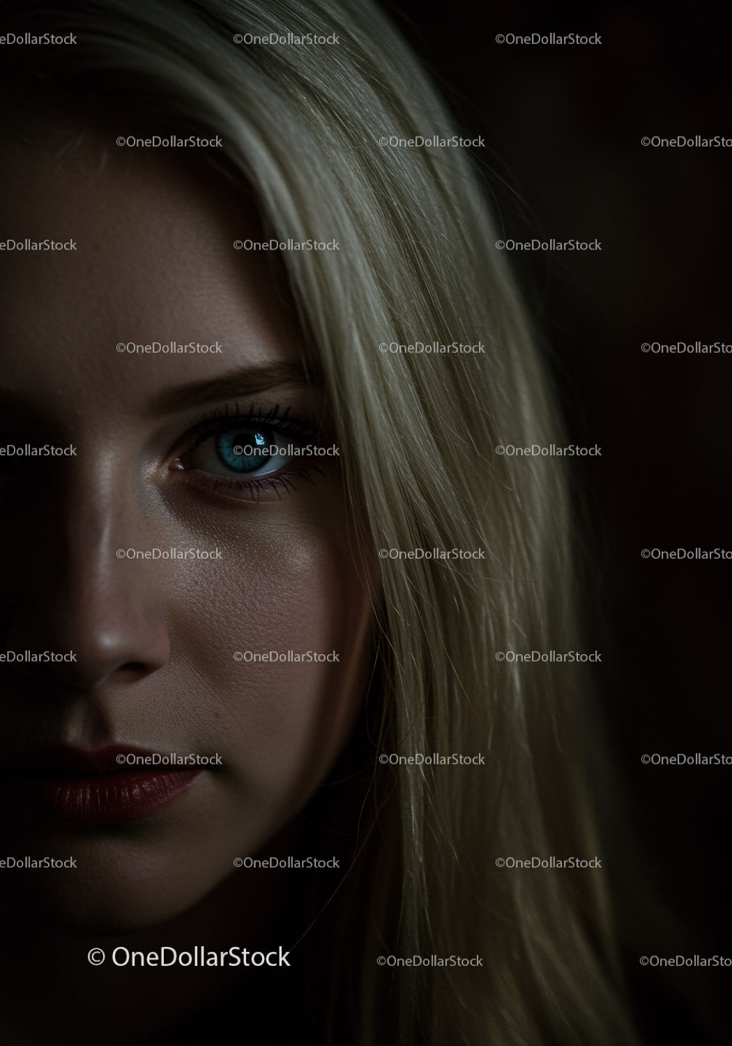 Close up portrait of thoughtful blonde woman with blue eyes