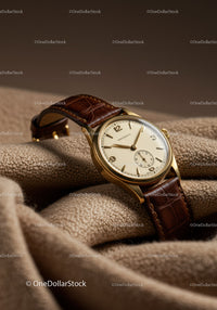 Elegant Gold Wristwatch with Leather Strap on Fabric Surface