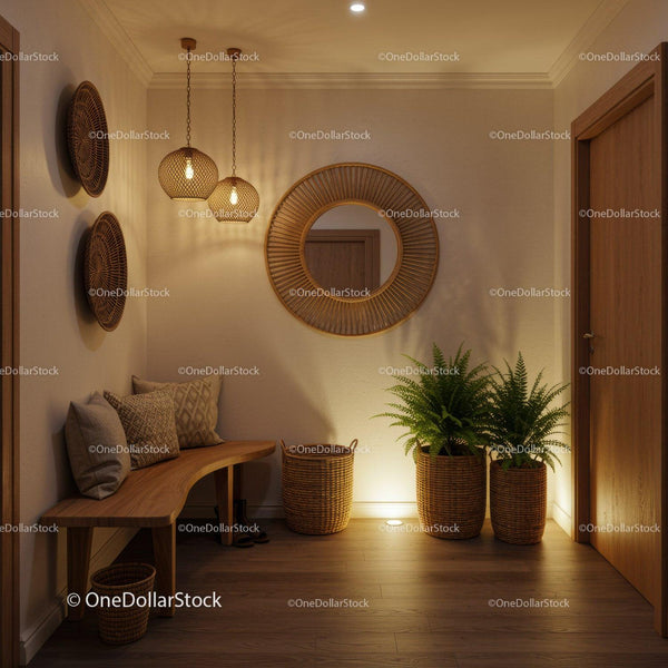 Cozy entryway with natural decor and warm lighting
