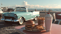 Beachside Cheeseburger French Fries and Milkshake with Classic Car