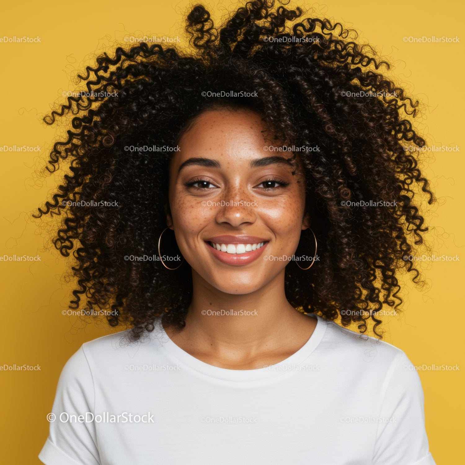 Vibrant Portrait of a Smiling Woman with Curly Hair Against Bright Yellow Background