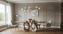 Elegant Dining Room with Wooden Table and Modern Pendant Lighting