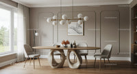 Elegant Dining Room with Wooden Table and Modern Pendant Lighting
