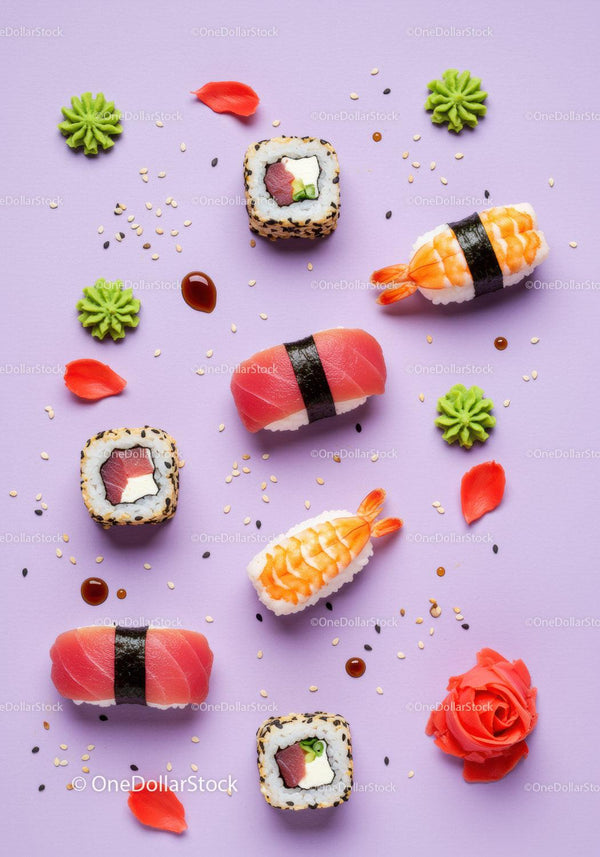 Różnorodne kawałki sushi na żywym pastelowym fioletowym tle