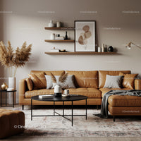 Cozy modern living room with leather sofa and decor
