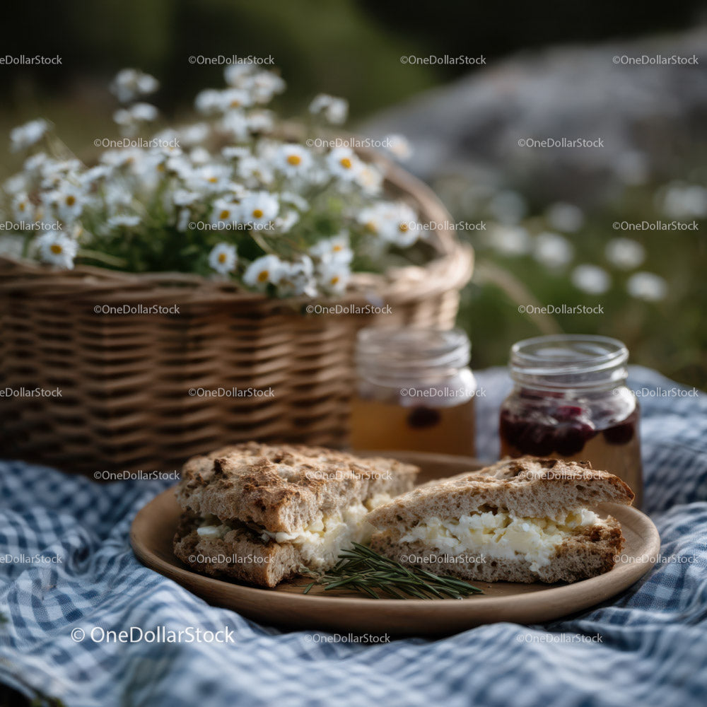 Summer Picnic with Fresh Sandwiches and Wildflowers in Nature