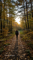 Female Hiker Walking Along Autumn Forest Trail in Serene Woods