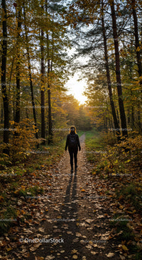Female Hiker Walking Along Autumn Forest Trail in Serene Woods