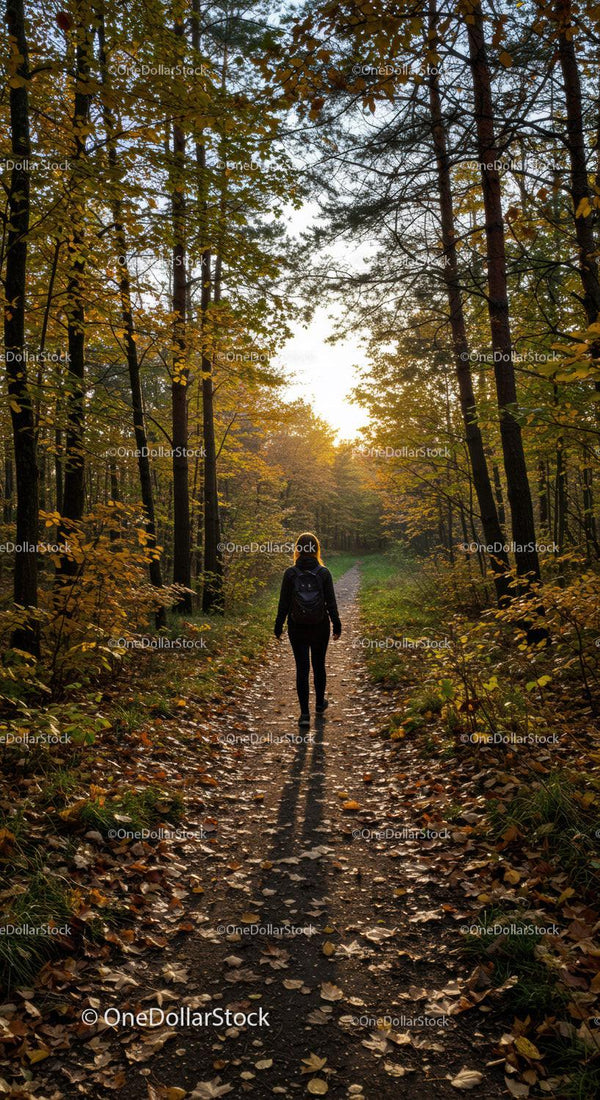 Female Hiker Walking Along Autumn Forest Trail in Serene Woods