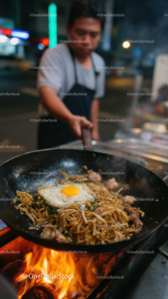 Stir-fried Noodles with Egg and Vegetables on Wok
