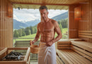 Relaxing Man in Sauna with Scenic Mountain View and Wooden Interior