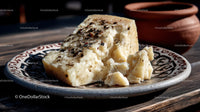 Artisan Blue Cheese on Rustic Ceramic Plate in Natural Light
