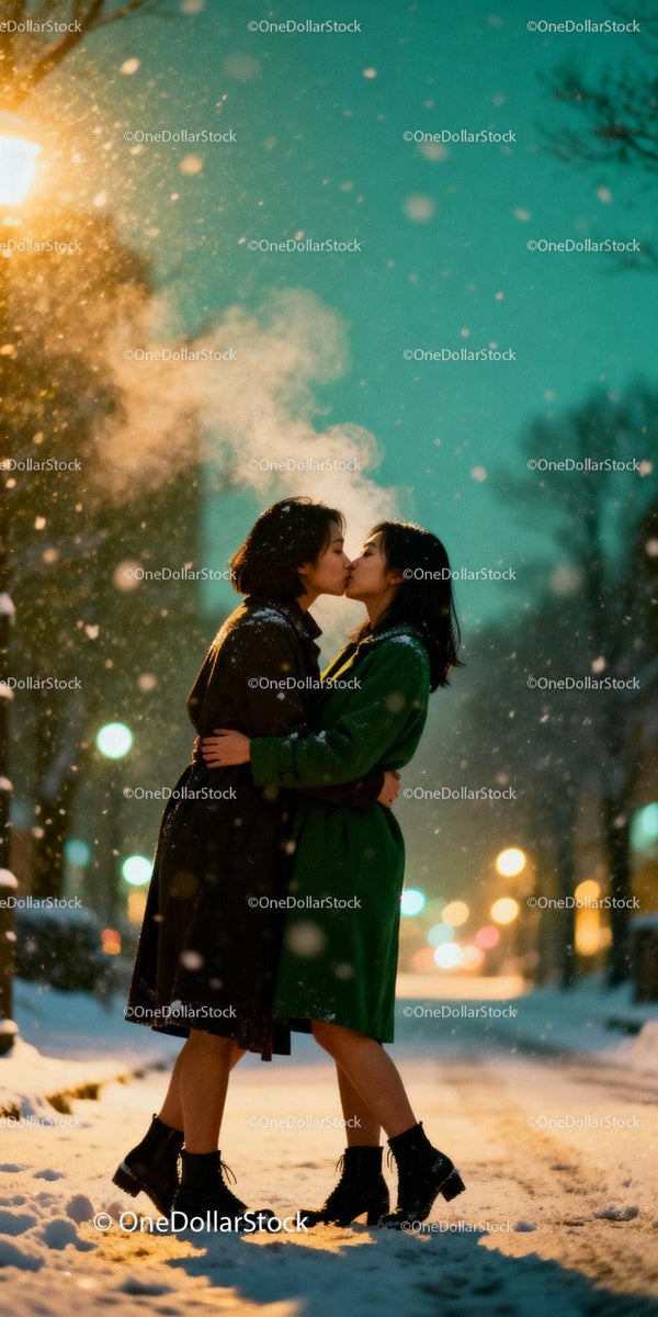 Young Couple Sharing a Kiss on Snowy Evening