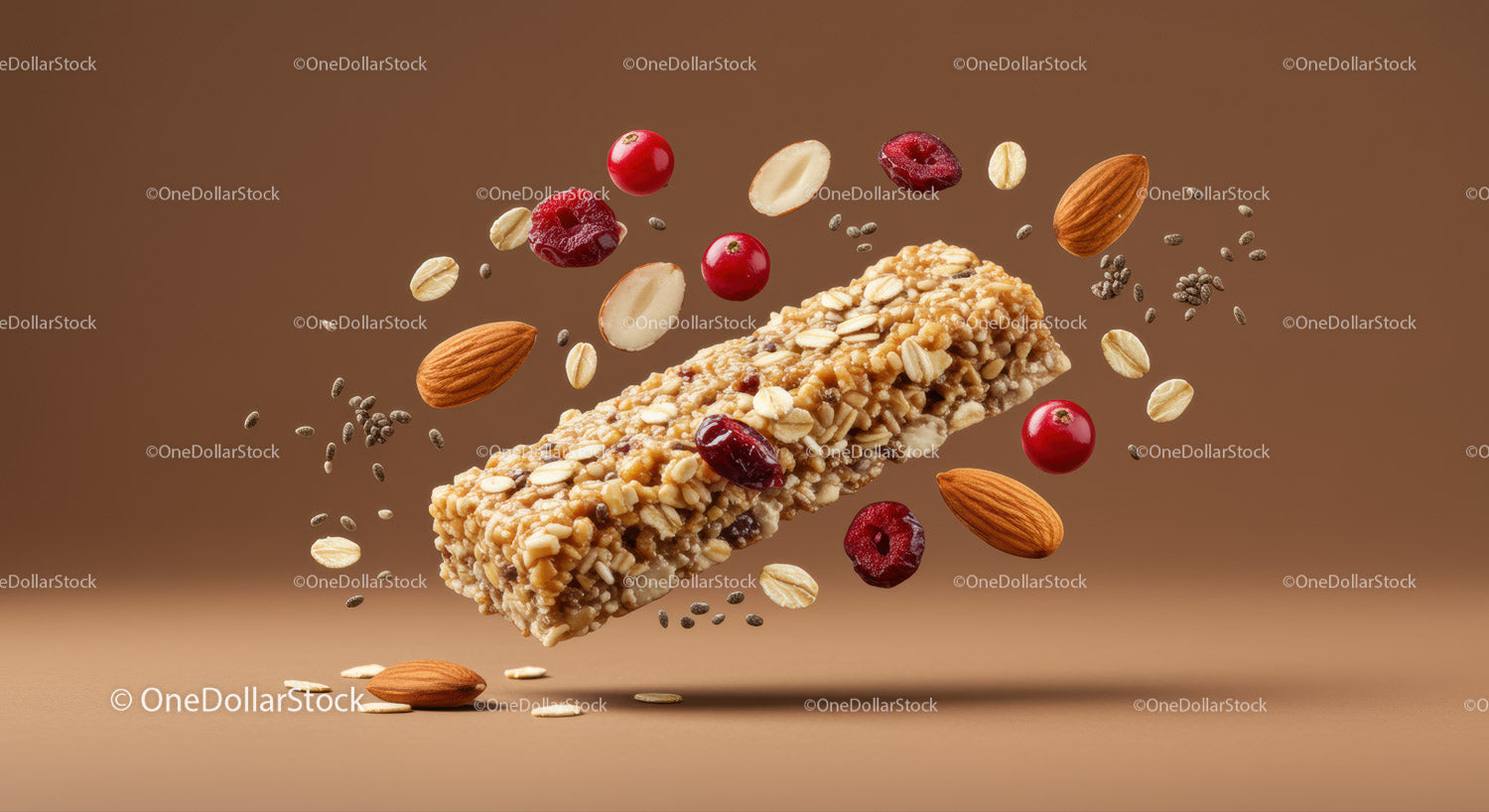 Healthy granola bar with nuts and dried berries